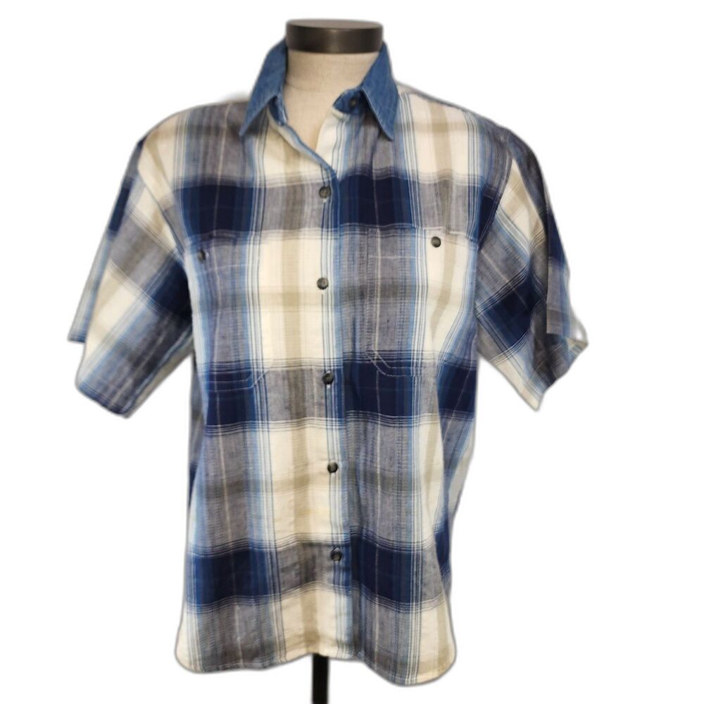 Vintage 80's Company One Blue Plaid Button Up Short Sleeve Top Size PM